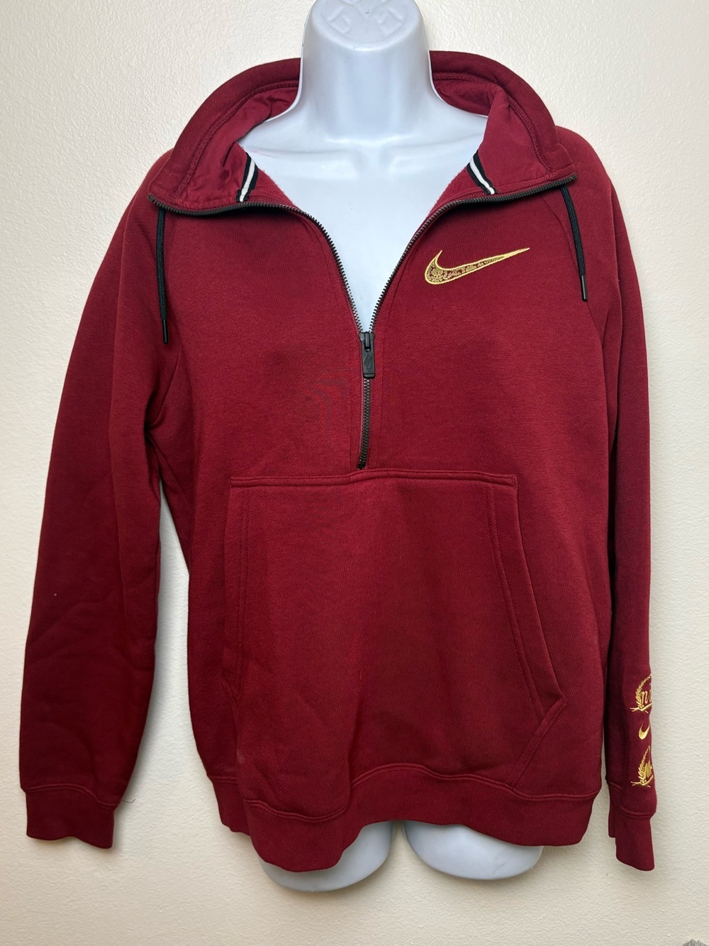 Nike Air Women's Rally Red 1/2 Zip Sweatshirt Gold Metallic Rose Swoosh BV3107